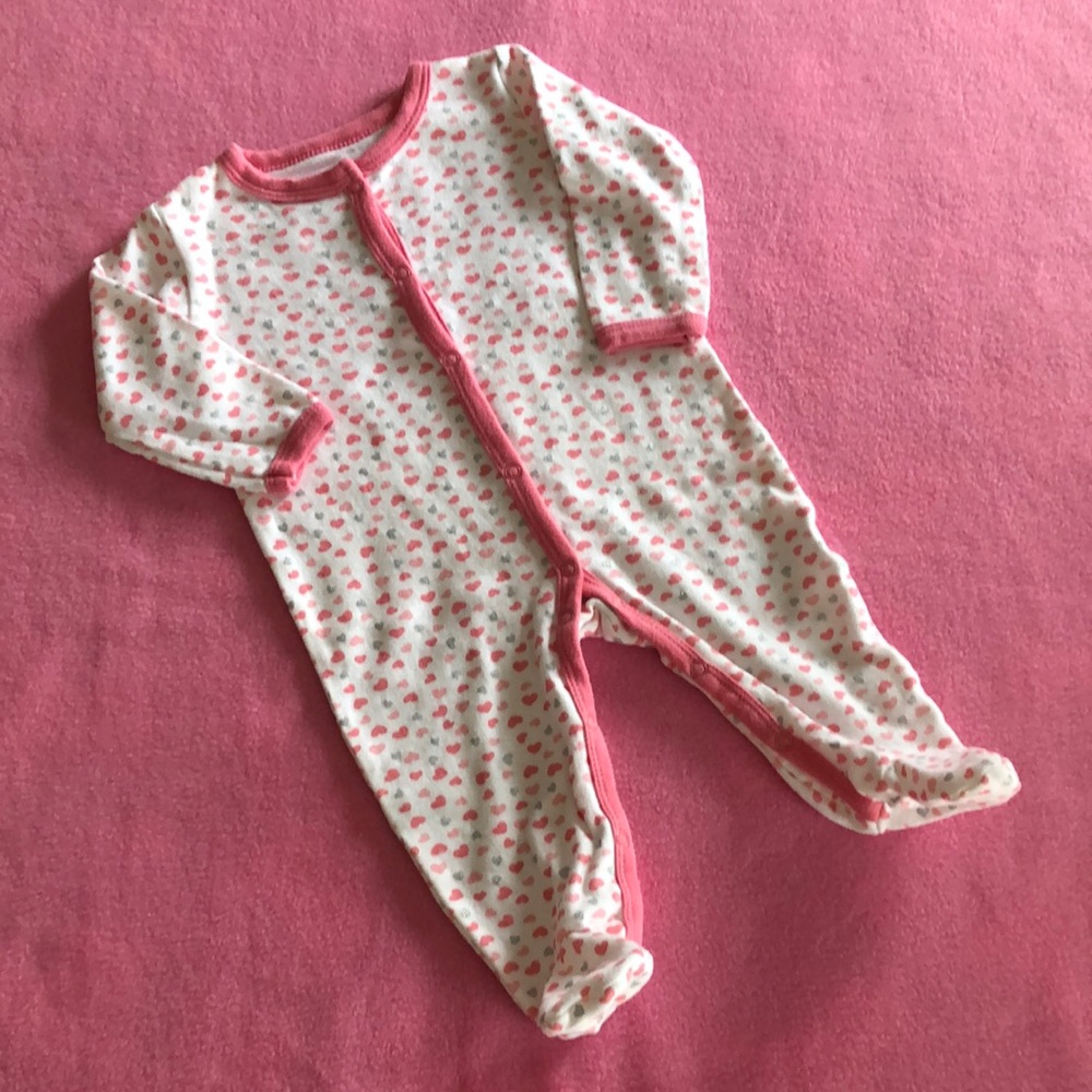 Pink White & Silver heart footed snap onesie 6-9 M